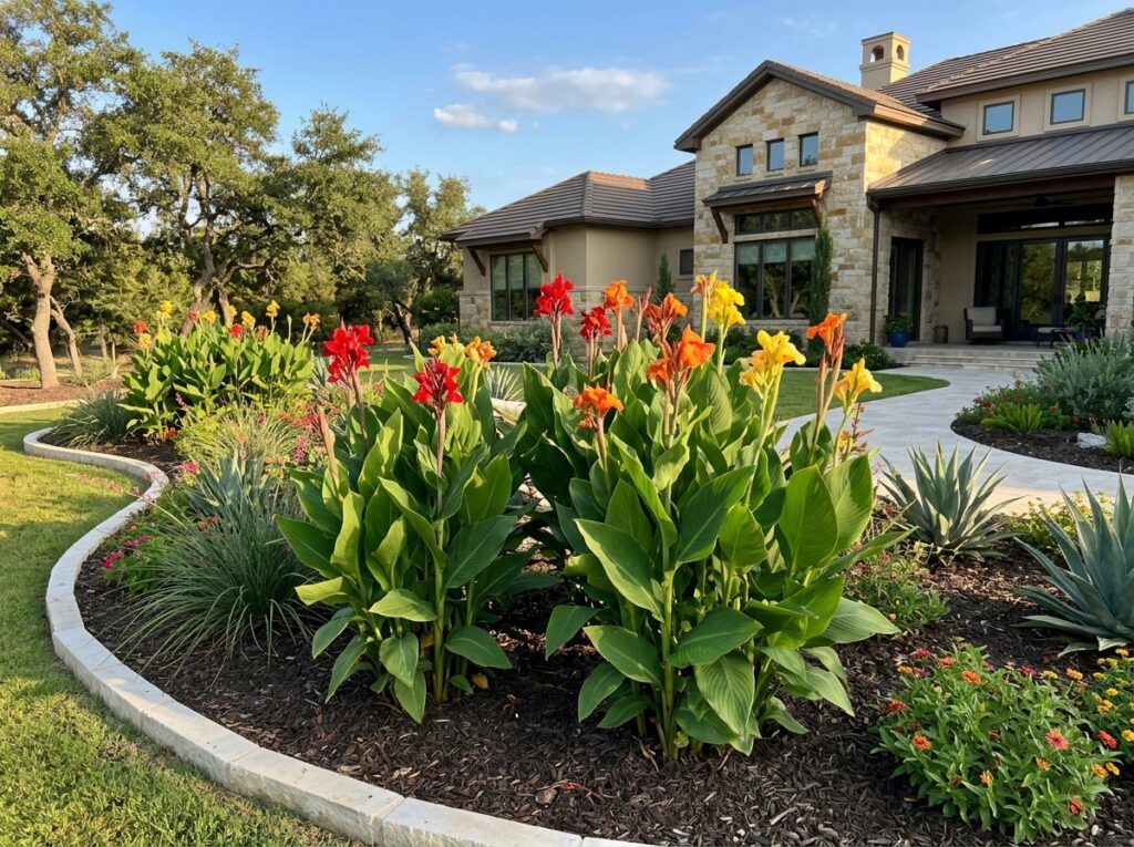 Garden Canna perennial with tall red blooms and large green leaves growing in a garden bed.