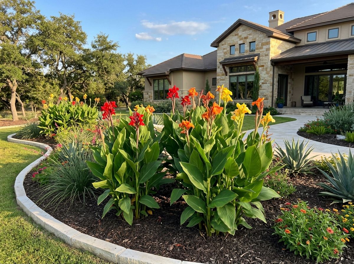 Garden Canna perennial with tall red blooms and large green leaves growing in a garden bed.