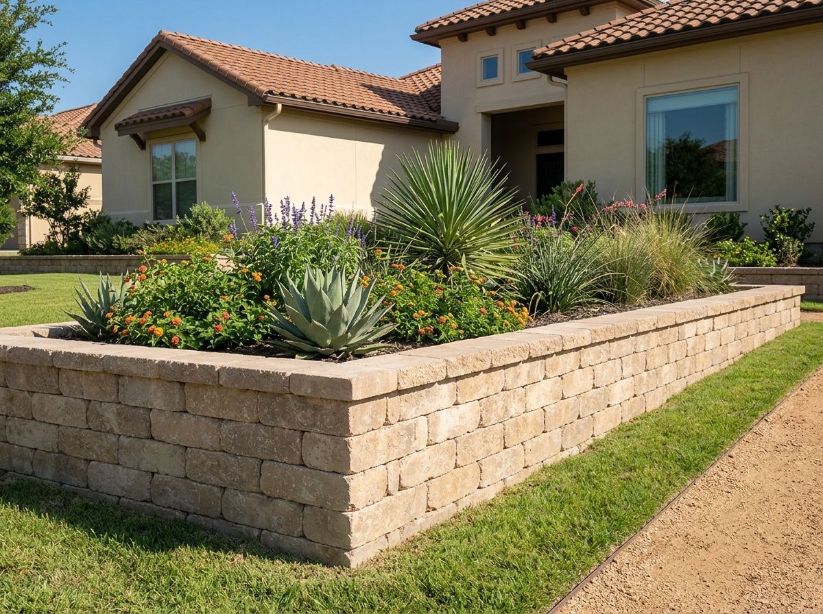Garden Wall Blocks retaining wall built from stacked gray concrete blocks with textured face and cap edging a garden bed.