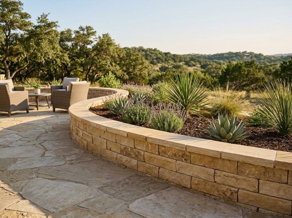 Garden Wall Blocks retaining wall of smooth concrete blocks stacked in a tiered garden bed with capstones.