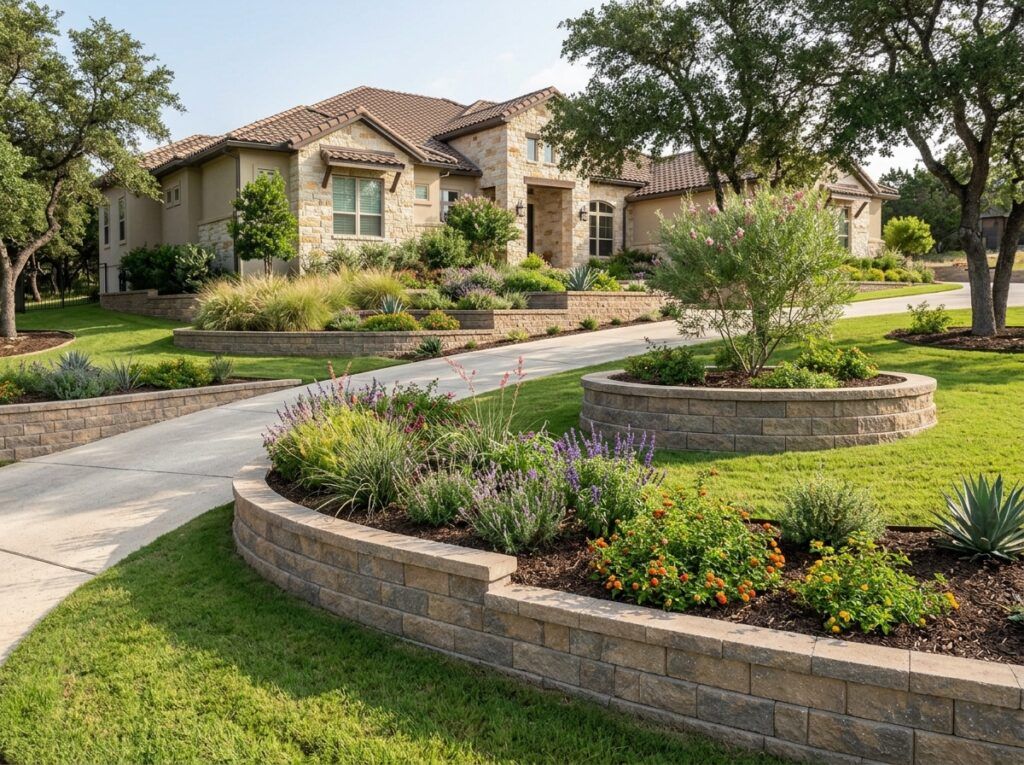 Garden Wall Blocks retaining wall built from stacked concrete blocks with smooth face, stepped along garden bed.