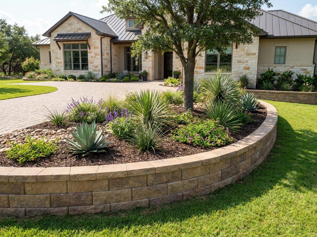 Garden Wall Blocks retaining wall with stacked gray concrete blocks and smooth caps forming a low curved garden edge.