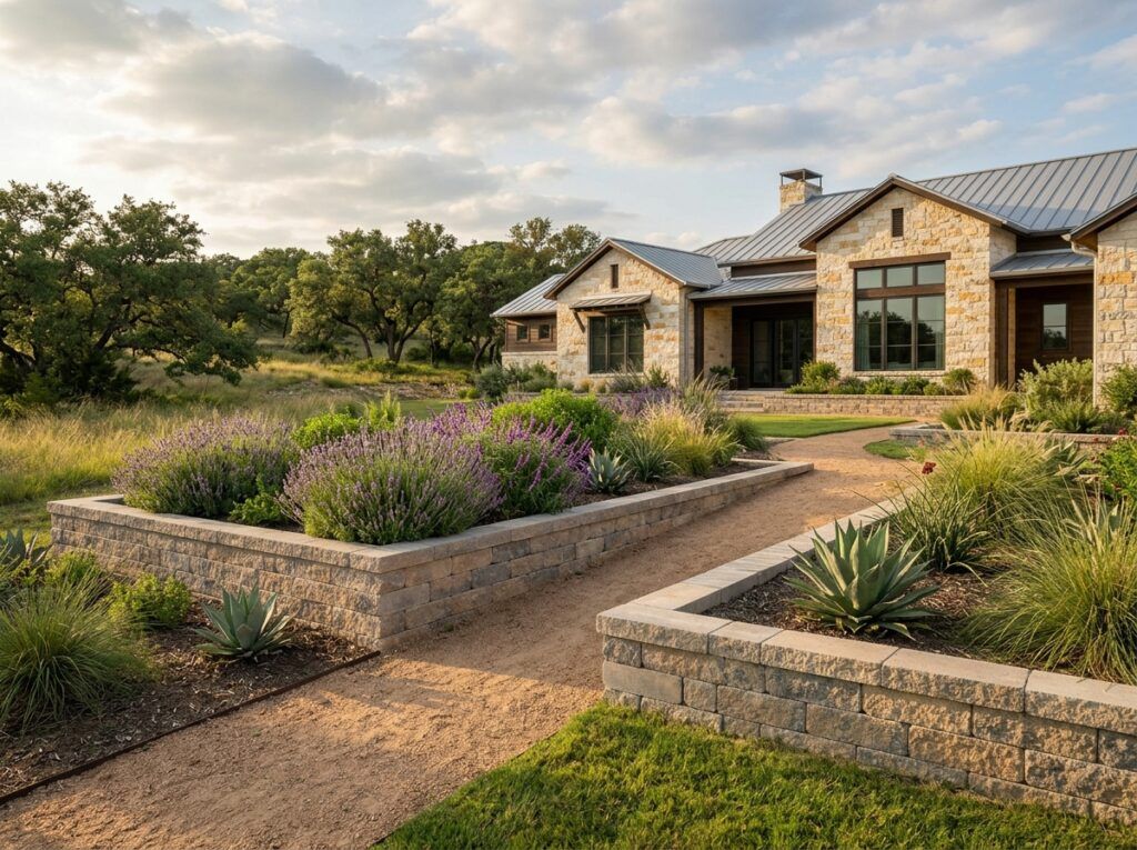 Garden Wall Blocks retaining wall of stacked textured concrete blocks with capped top edging a garden bed.