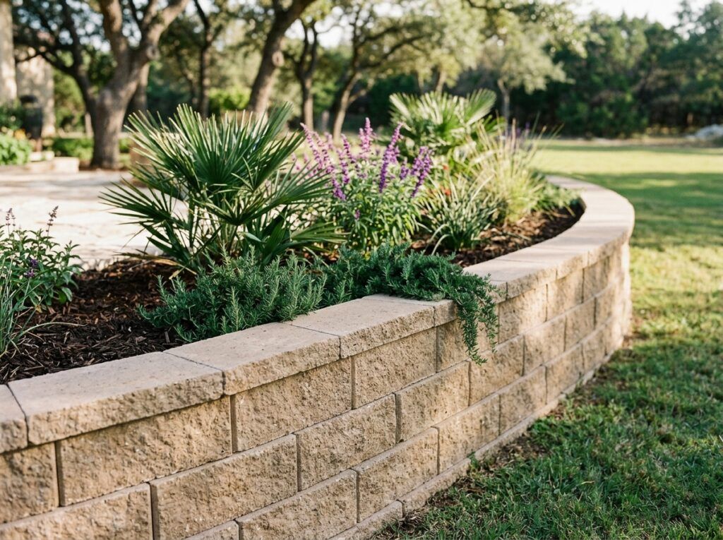 Garden Wall Blocks retaining wall of tan concrete blocks stacked in stepped courses with smooth cap edging.