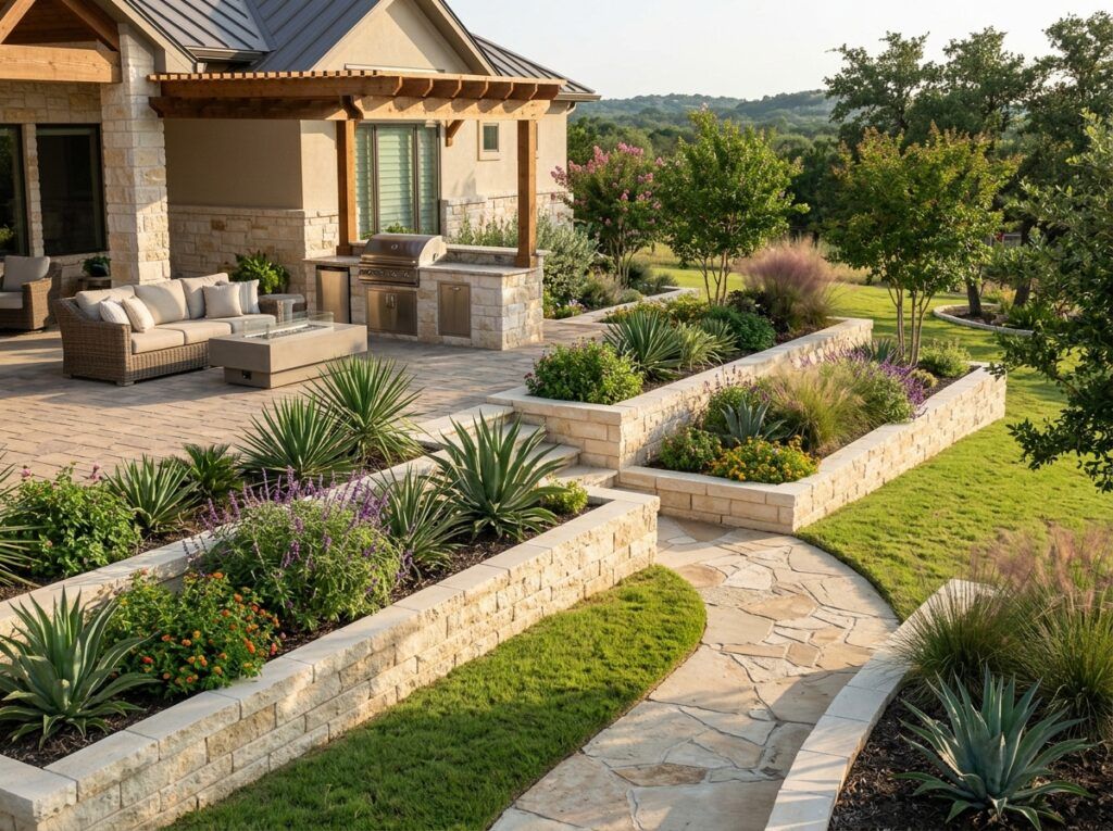 Garden Wall Blocks retaining wall of stacked tan concrete blocks with split-face finish and capped top along garden bed.