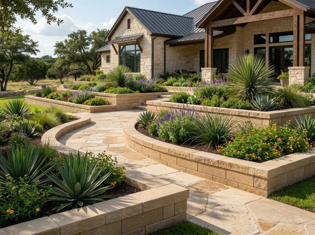Garden Wall Blocks retaining wall of stacked textured concrete blocks with smooth caps along a landscaped bed.