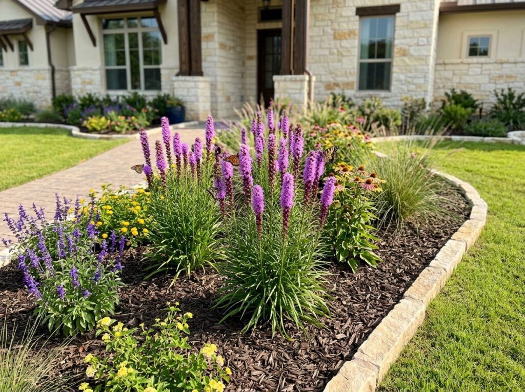 Gayfeather perennial with tall purple flower spikes and grasslike green foliage in bloom.