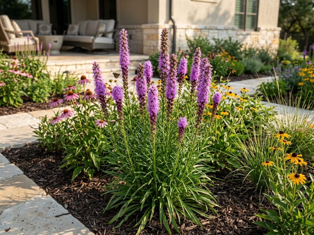 Gayfeather perennial with tall purple flower spikes and narrow green leaves in bloom.