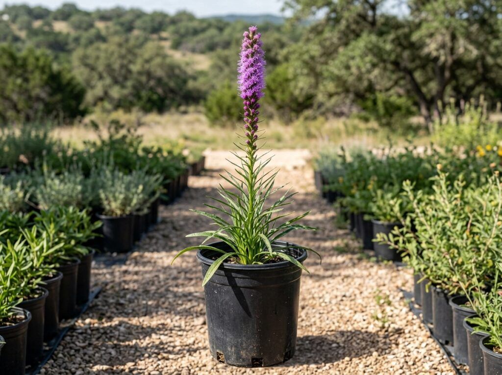 Gayfeather perennial with tall purple flower spikes and grassy green foliage in a nursery container.