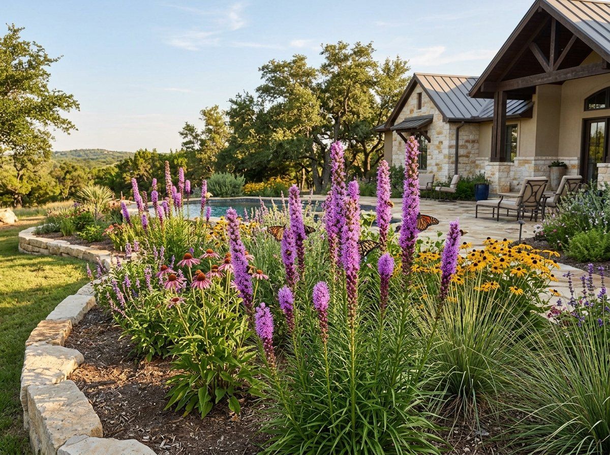 Gayfeather perennial with tall purple flower spikes rising above clumps of grassy green leaves.