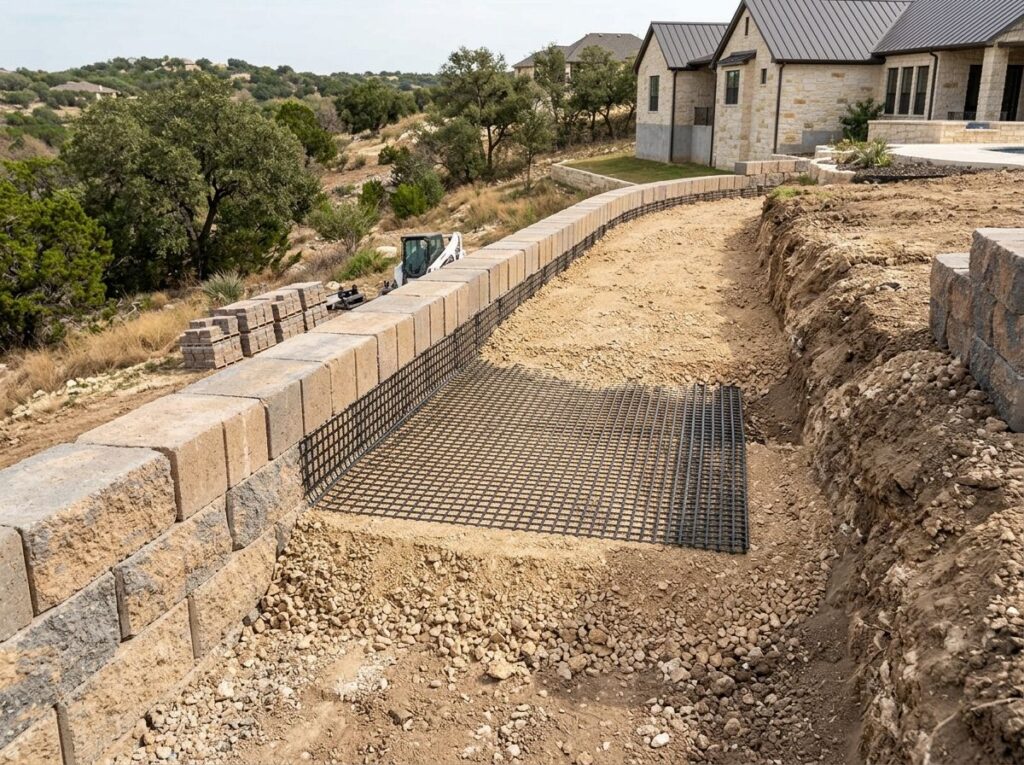 Geogrid Reinforcement retaining wall with black geogrid layers extending from concrete block face during installation.