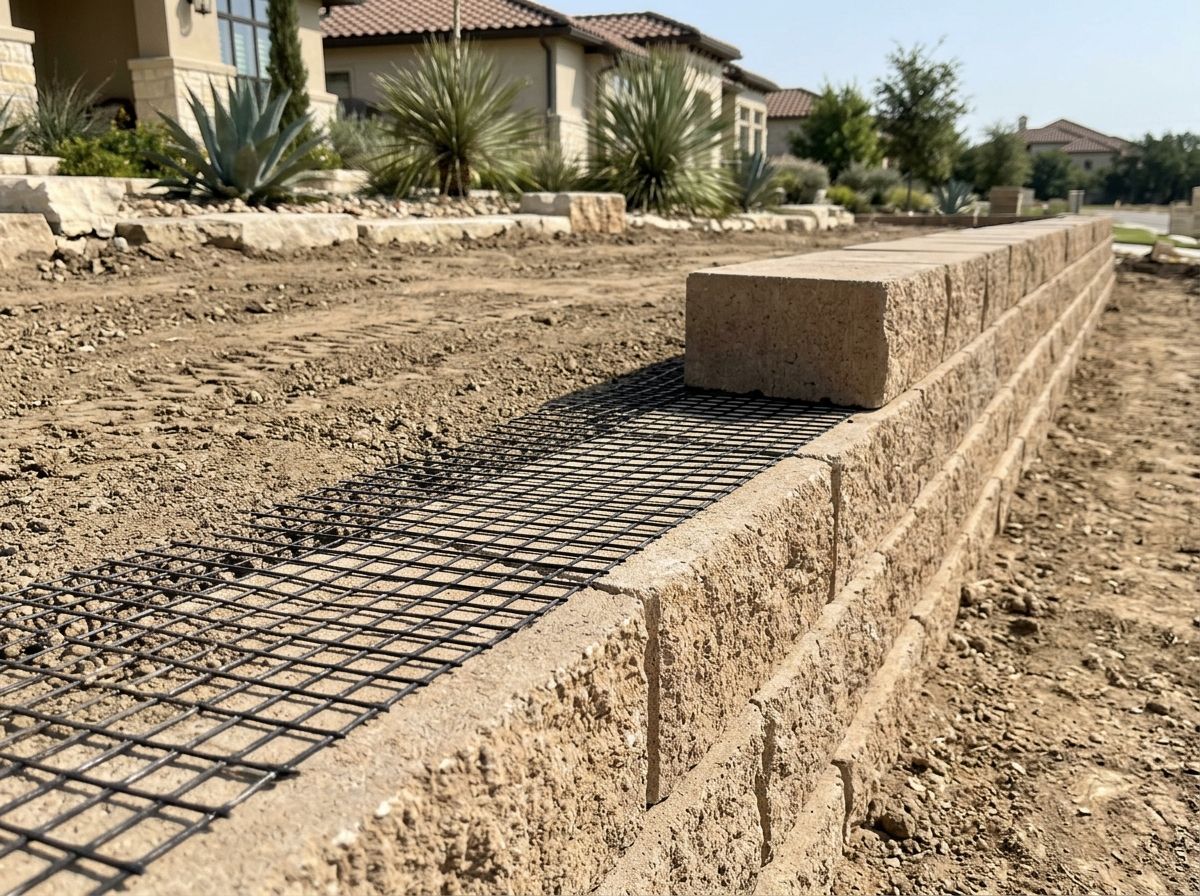 Geogrid Reinforcement retaining wall with black polymer geogrid layers extending into compacted soil behind concrete blocks.