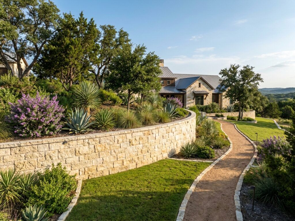 Geogrid Reinforcement retaining wall with black polymer grid layers between compacted soil and concrete blocks.