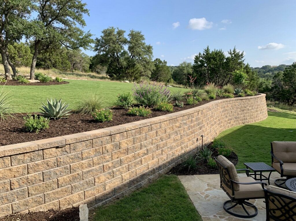 Geogrid Reinforcement retaining wall with concrete block facing and geogrid layers extending into compacted soil.