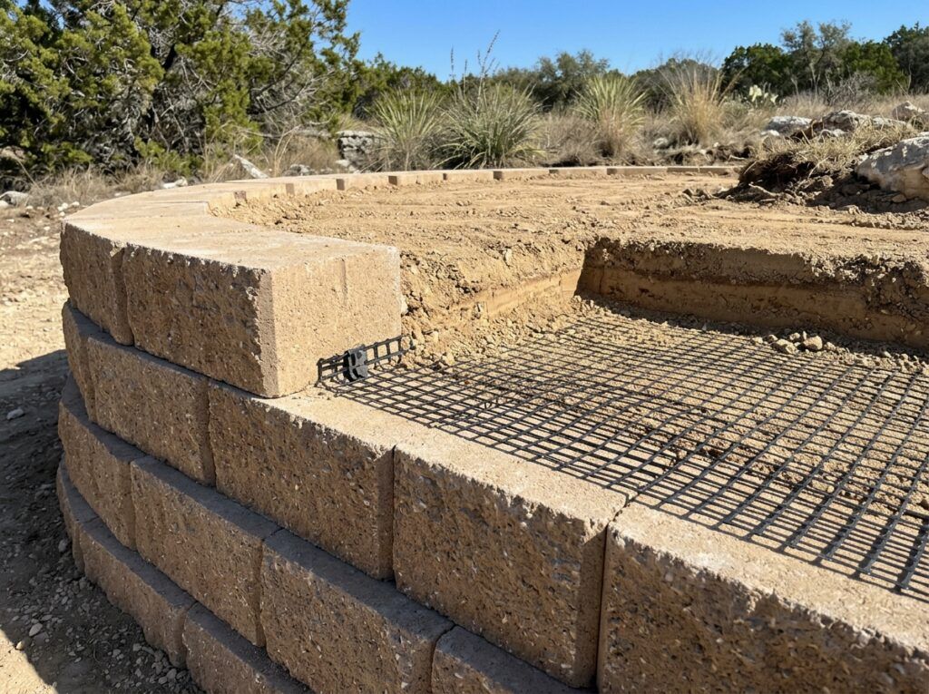 Geogrid Reinforcement retaining wall mesh laid in compacted soil behind stacked concrete block courses for added support.