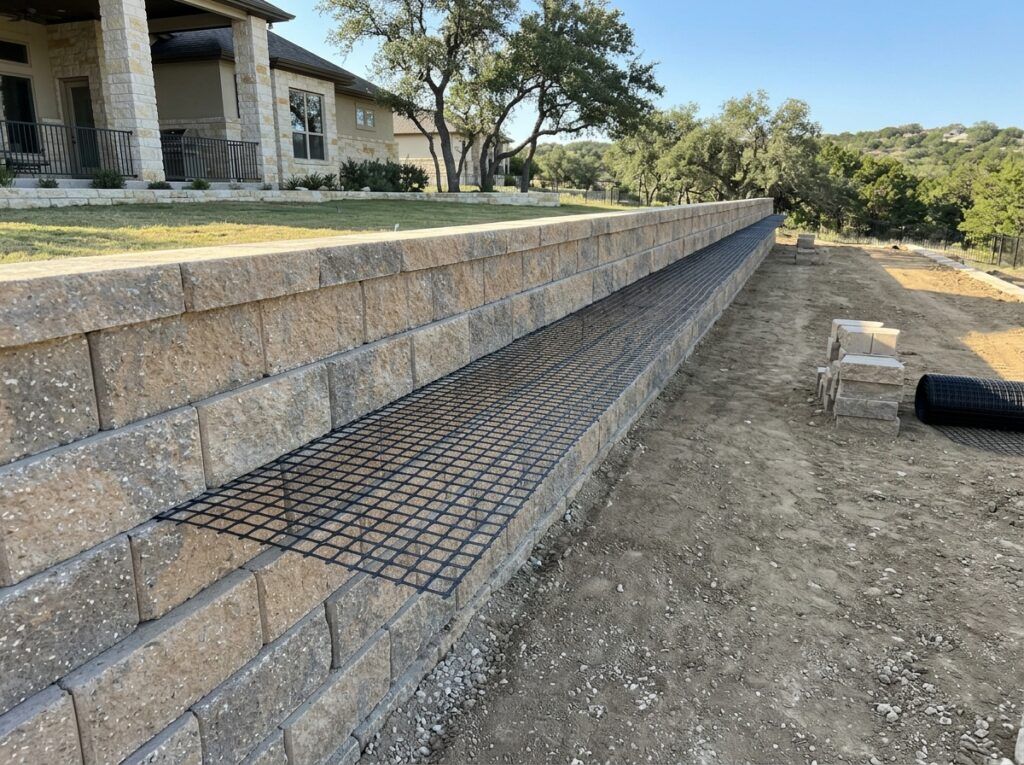 Geogrid Reinforcement retaining wall polymer mesh grid laid in soil behind concrete block courses.