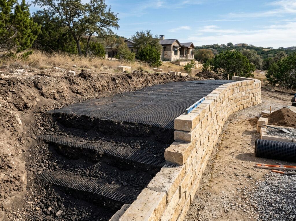 Geogrid Reinforcement retaining wall polymer mesh laid between concrete block courses and compacted backfill.