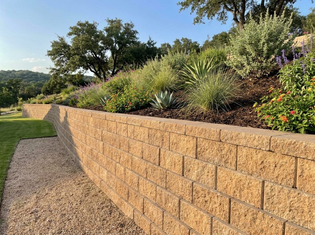 Geogrid Reinforcement retaining wall black polymer mesh laid between compacted soil lifts behind stacked concrete blocks.