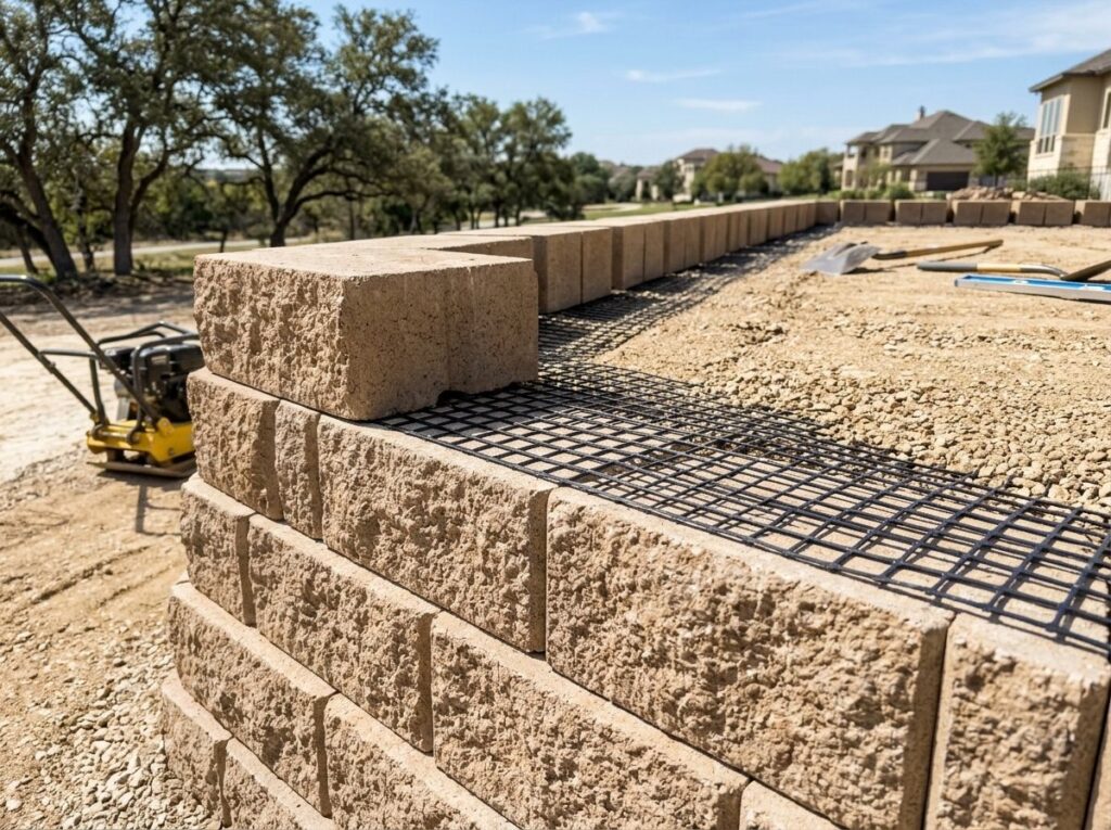 Geogrid Reinforcement retaining wall with soil layers and geogrid mesh extending behind stacked concrete blocks.