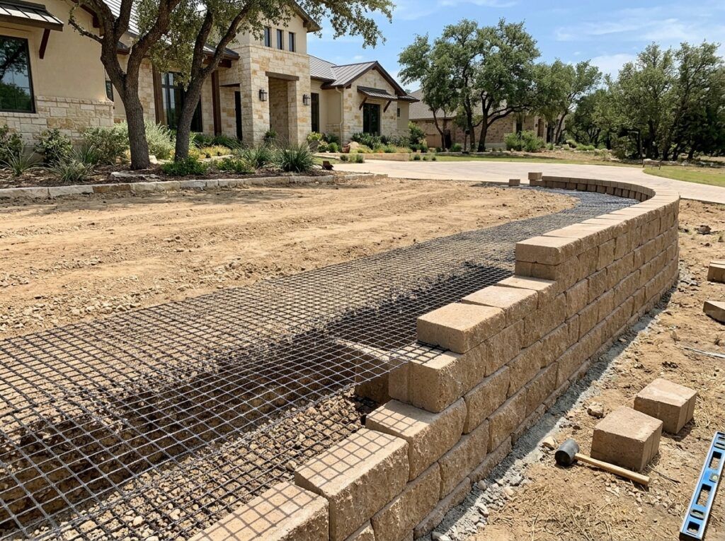 Geogrid Reinforcement retaining wall with black polymer mesh layers extending into compacted soil behind blocks.