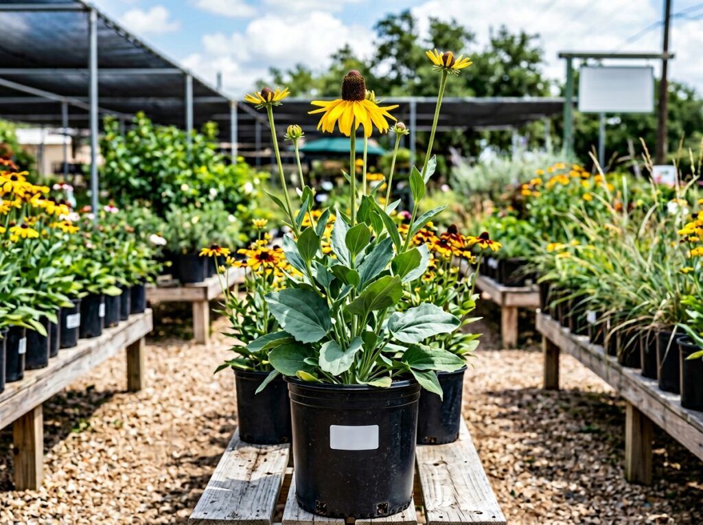 Giant Coneflower perennial with tall stems and drooping yellow petals around dark cone in bloom.