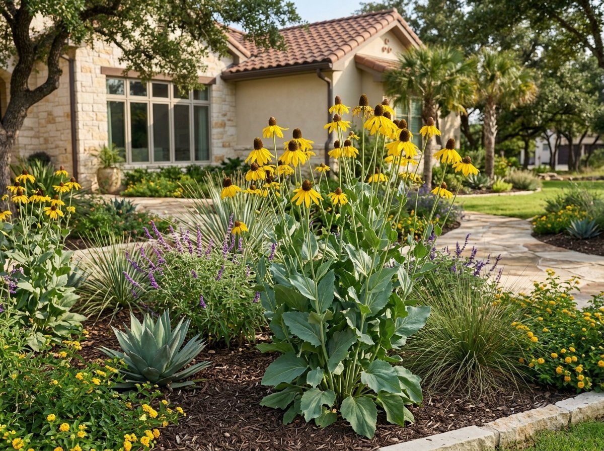 Giant Coneflower perennial with tall stems and drooping yellow petals around dark cone blooms.
