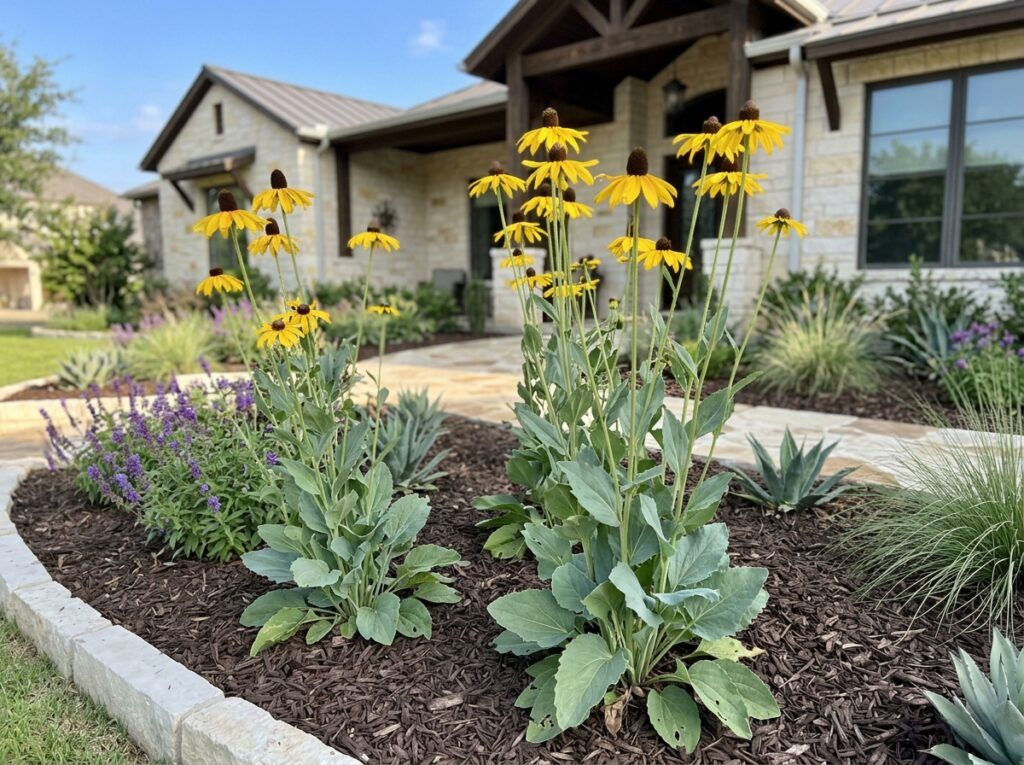Giant Coneflower perennial with tall stems and yellow drooping petals and dark cones in bloom.