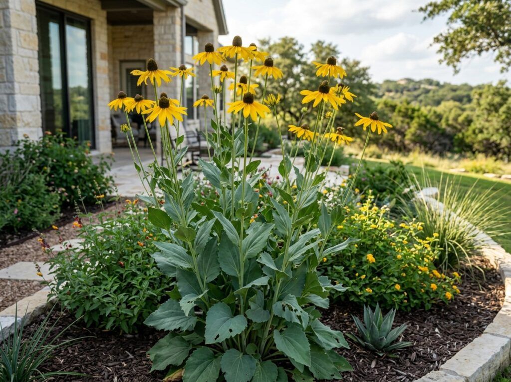 Giant Coneflower perennial with tall stems and yellow drooping petals around a dark cone bloom.