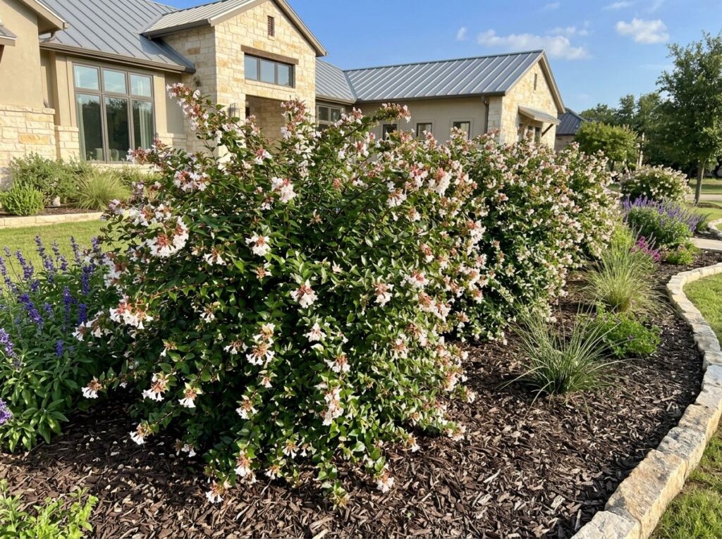 Glossy Abelia shrub in black nursery pot with dense green foliage and small white flowers.