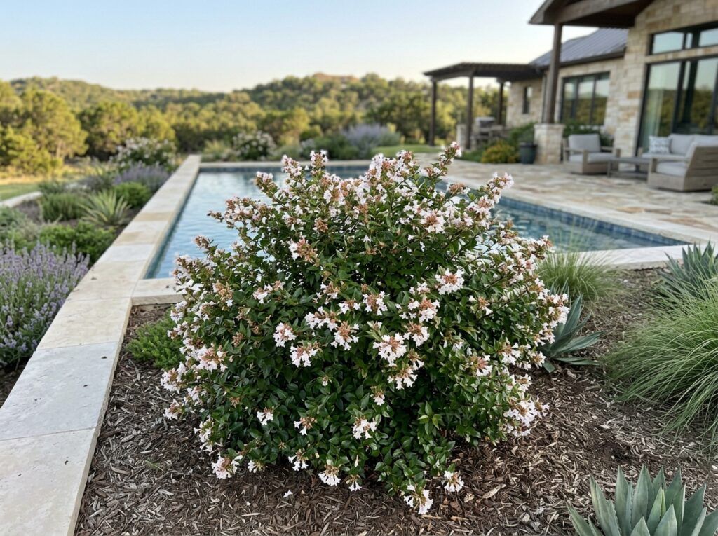 Glossy Abelia shrub in a container with dense, glossy green foliage and small pink-white blooms.