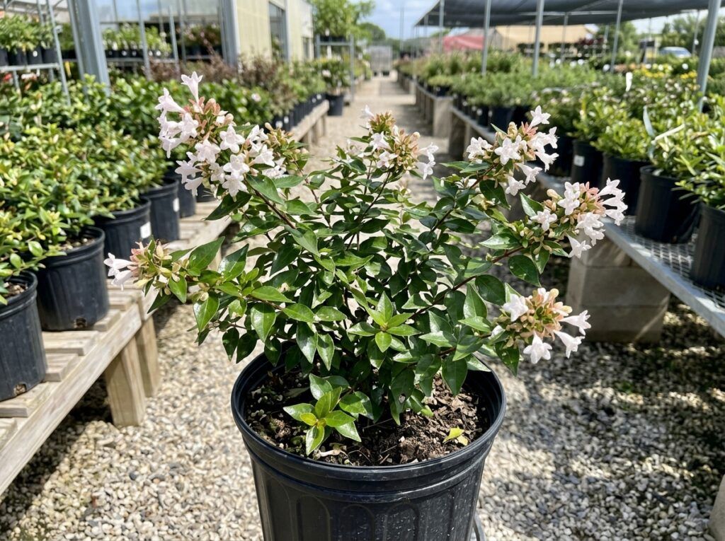 Glossy Abelia shrub with glossy green foliage in a nursery container.