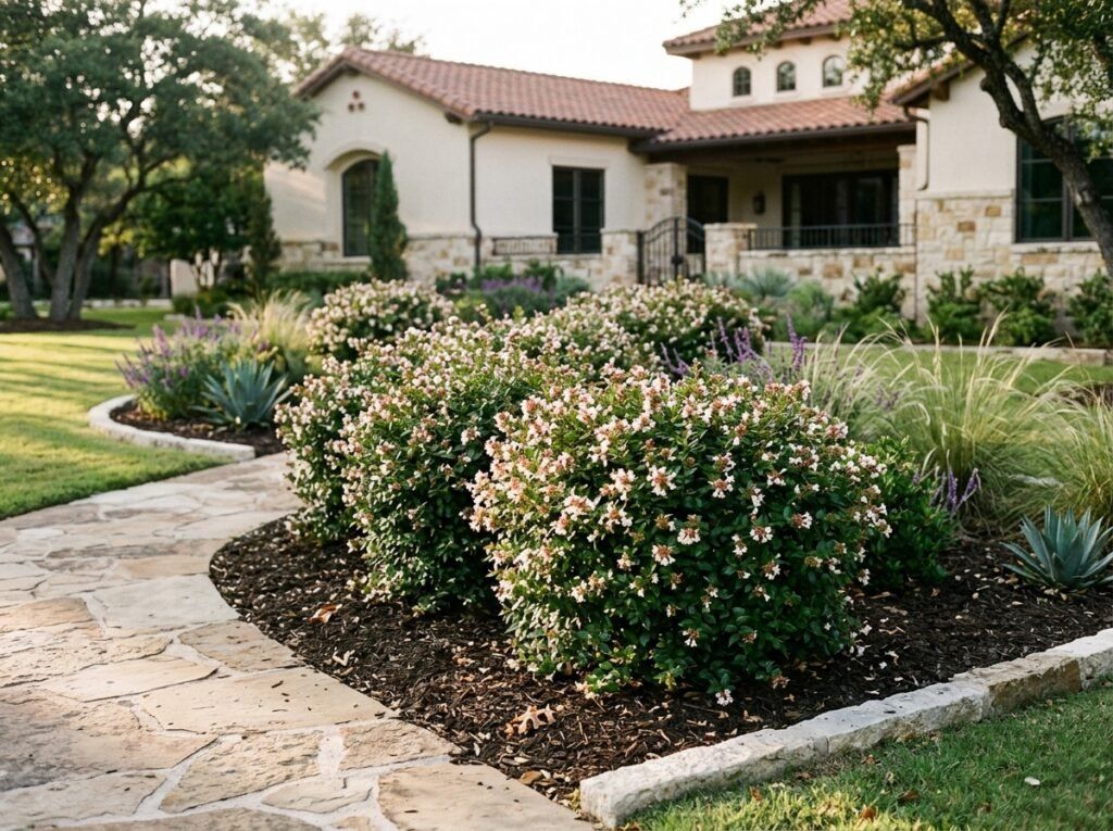 Glossy Abelia shrub with glossy green foliage and clusters of small white flowers in a landscape bed.