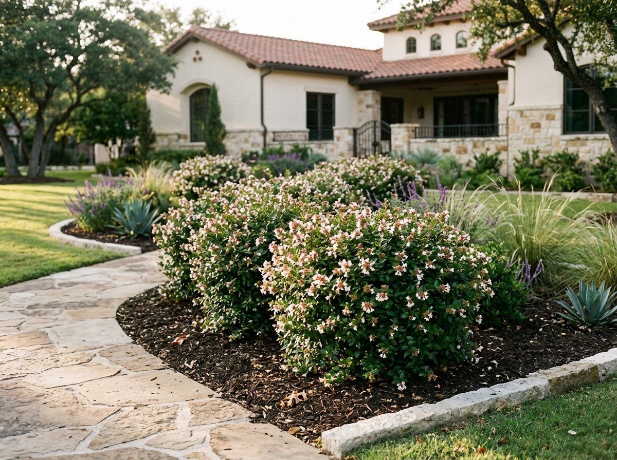 Glossy Abelia shrub with glossy green foliage and clusters of small white flowers in a landscape bed.