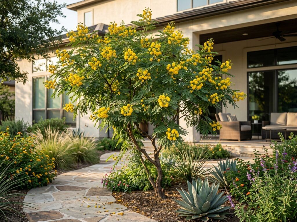 Goldenball Lead Tree in a black nursery pot, showing airy green foliage and multiple slender stems.