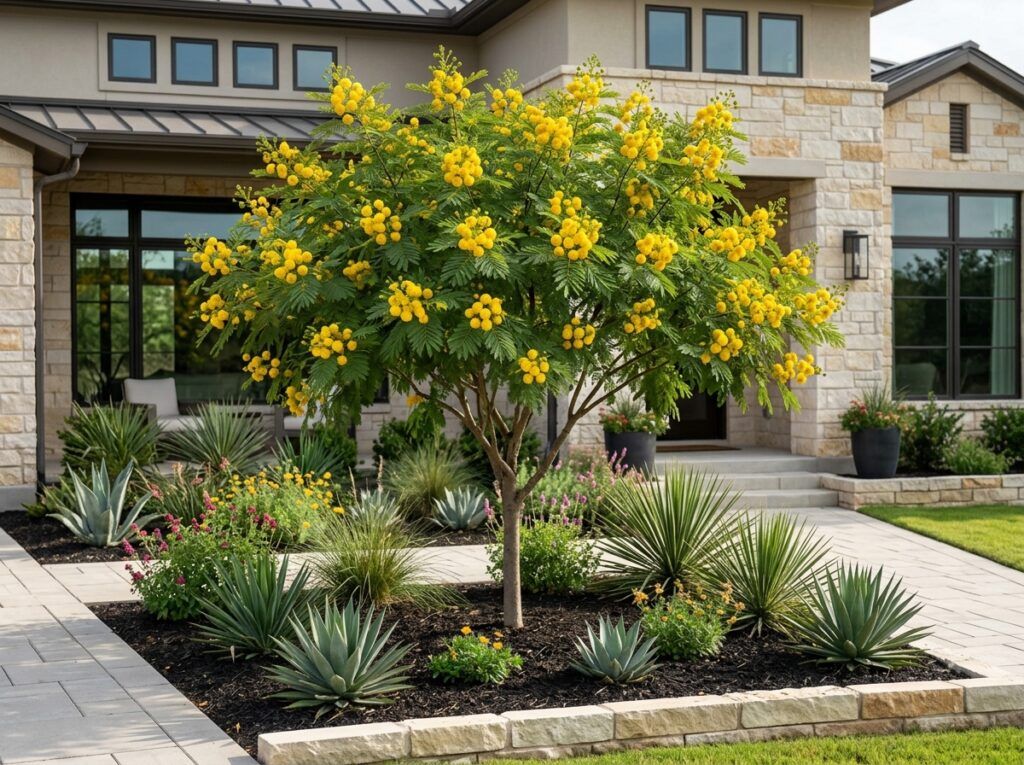 Goldenball Lead Tree in a black nursery pot, showing airy green foliage and yellow ball-shaped flowers.