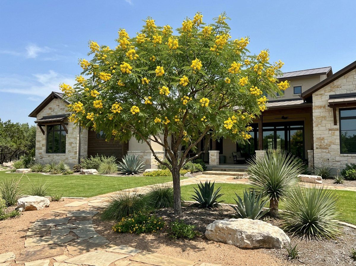 Goldenball Lead Tree in bloom with yellow pom-pom flowers and feathery green foliage on a small tree.