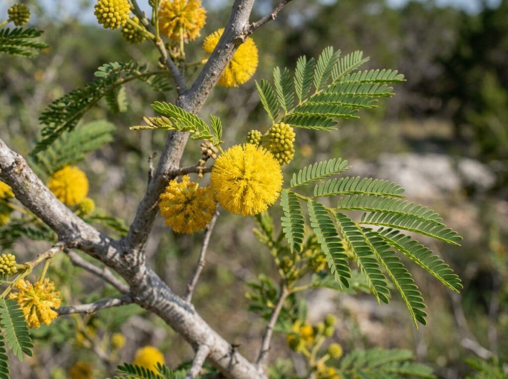 Goldenball Lead Tree in a nursery container with feathery green foliage.