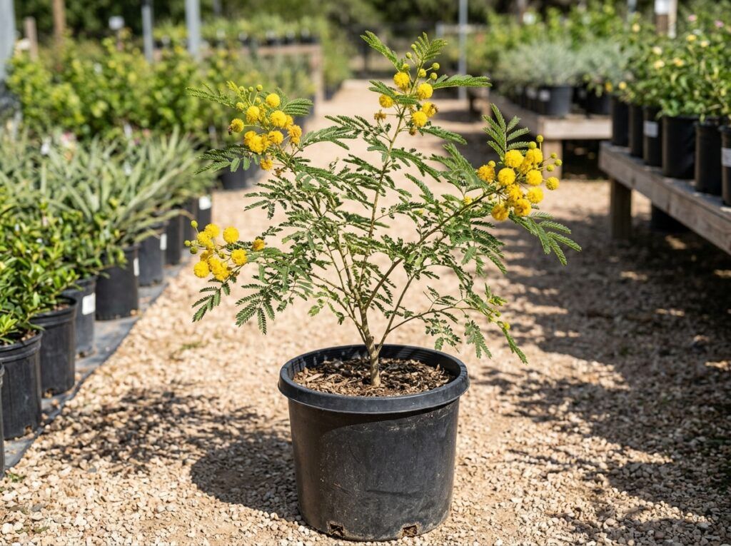 Goldenball Lead Tree tree with yellow ball-shaped blooms and fine green foliage in nursery container.