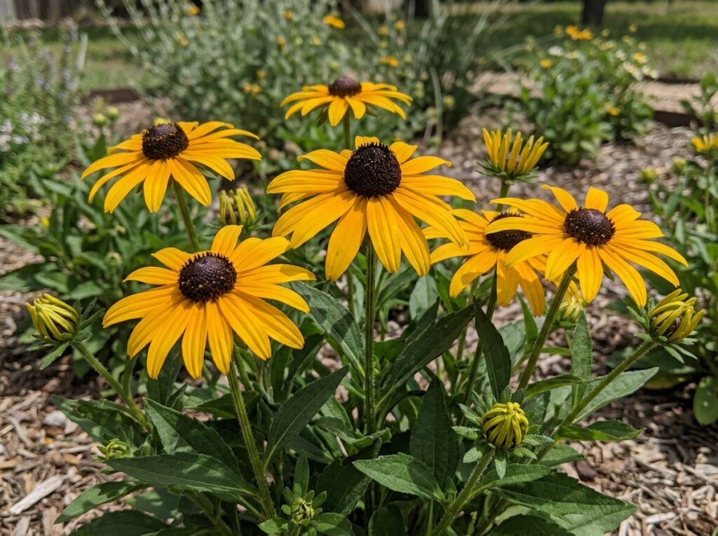 Goldsturm Blackeyed Susan perennial with bright yellow daisy blooms and dark centers in a nursery pot.