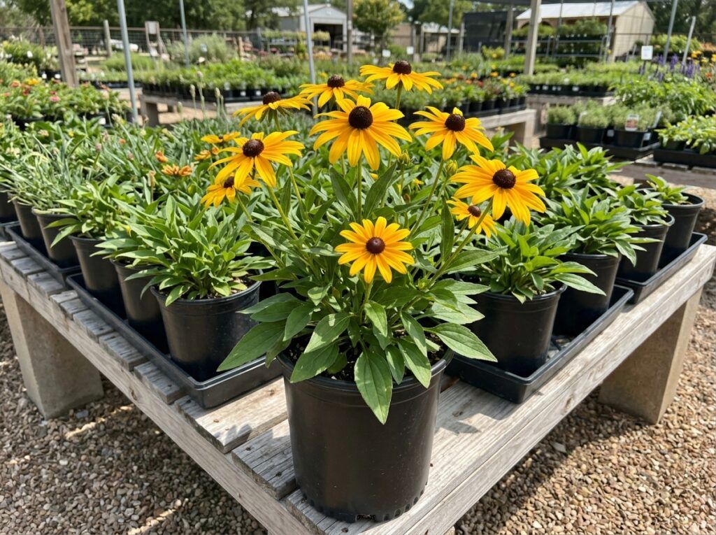 Goldsturm Blackeyed Susan perennial with bright yellow daisy flowers and dark centers above green foliage.