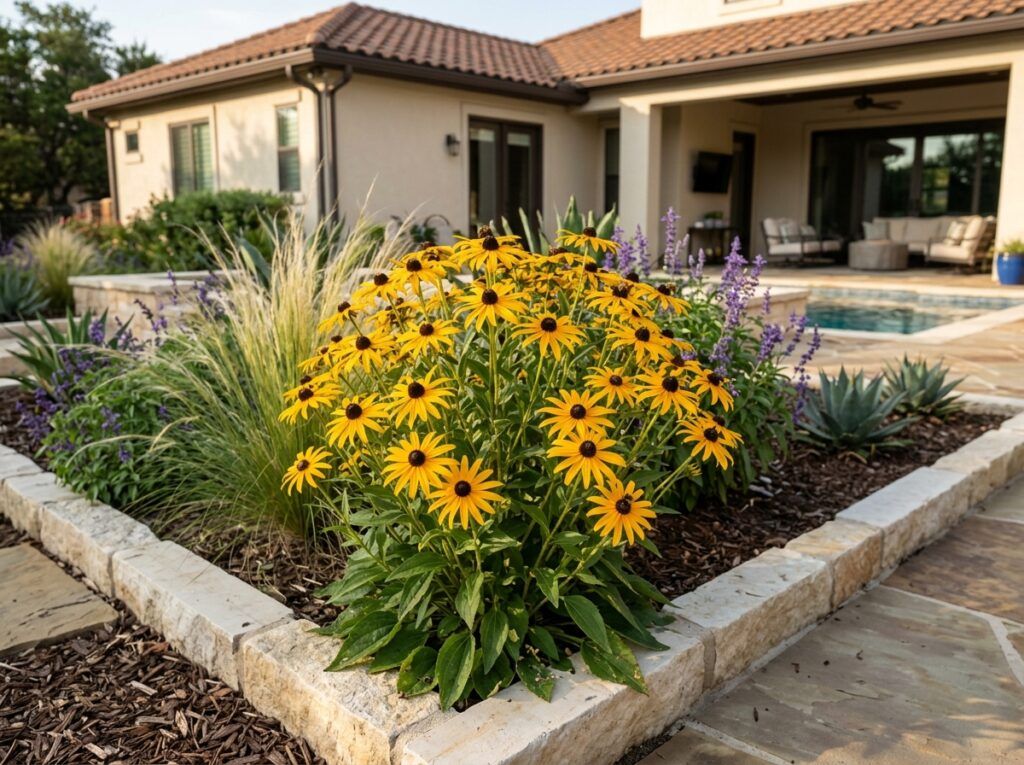 Goldsturm Blackeyed Susan perennial with bright yellow daisy flowers and dark centers in bloom.