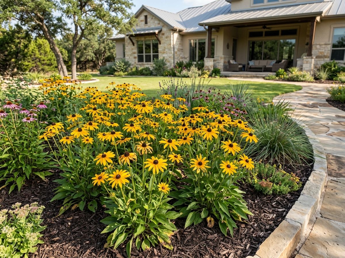 Goldsturm Blackeyed Susan perennial with bright yellow daisy flowers and dark centers in bloom.
