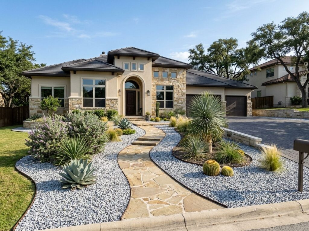 Granite Chips ground cover spread in a neat layer of light gray stone chips along a garden bed.