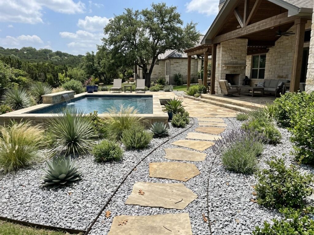 Granite Chips ground cover spread in a neat bed, showing light gray crushed stone texture around plants.
