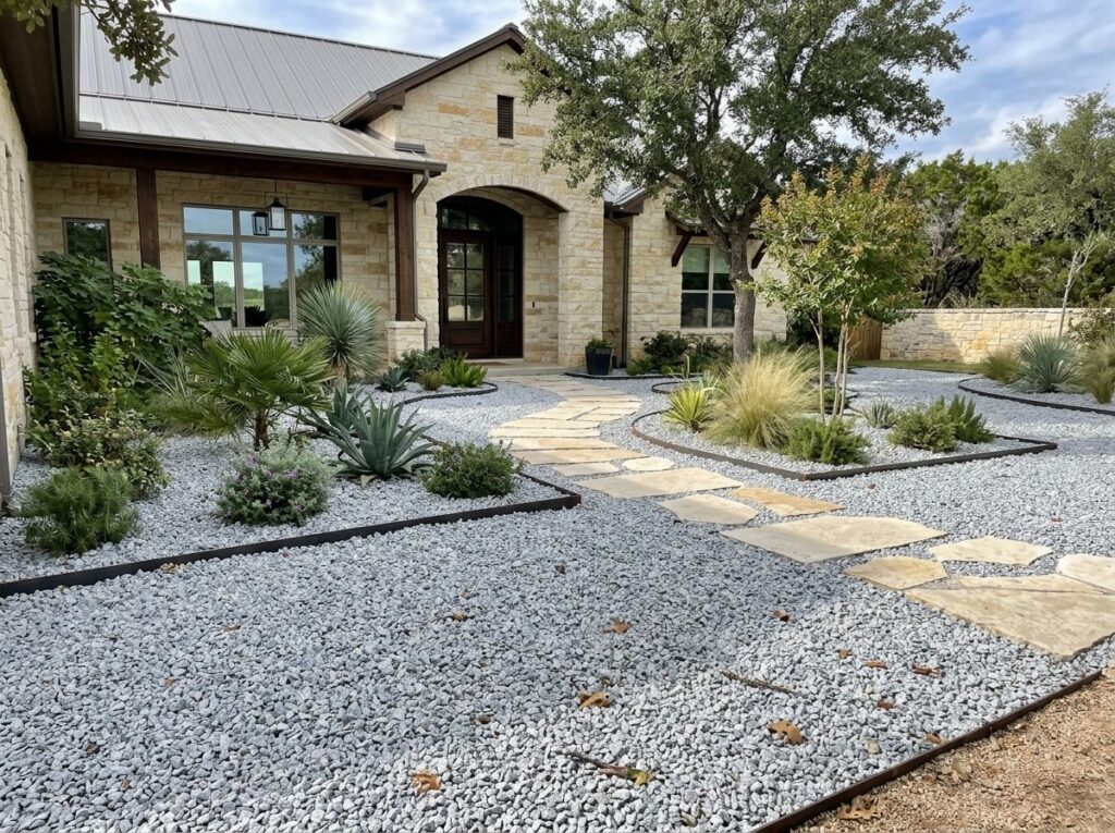 Granite Chips ground cover spread in a landscape bed, showing small light-gray stone pieces around plants.