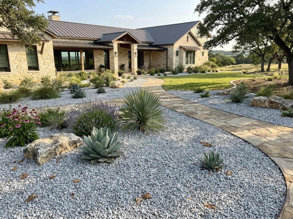 Granite Chips ground cover spread in a neat layer of light gray stone around landscape edging.