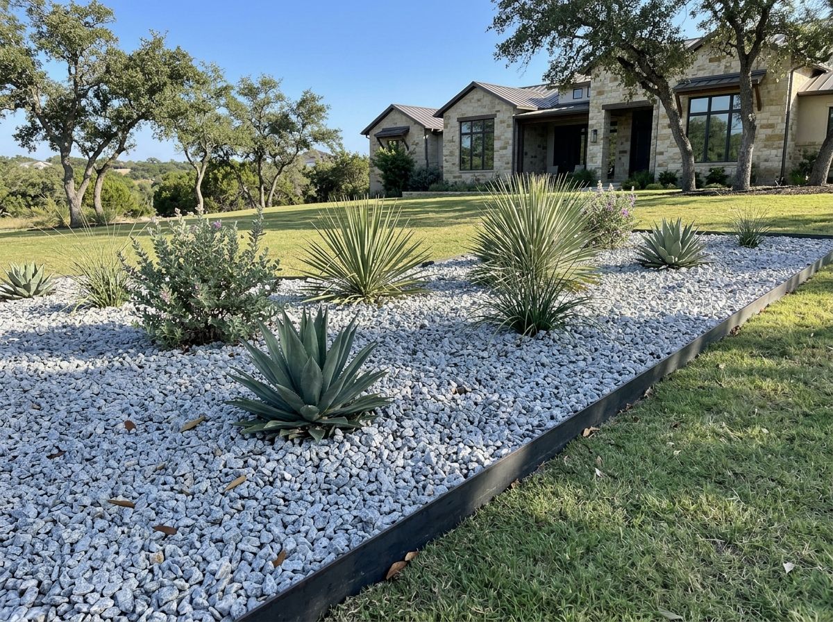 Granite Chips ground cover of light gray stone chips spread evenly across a landscape bed.