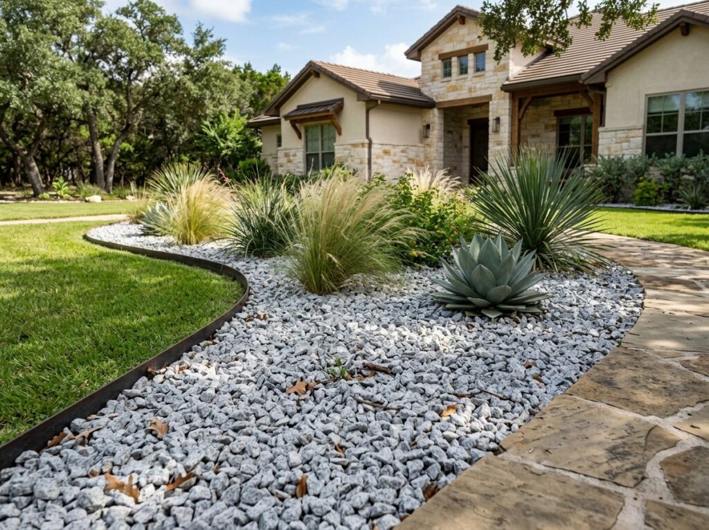 Granite Chips ground cover spread as light gray stone chips in a landscaped bed.