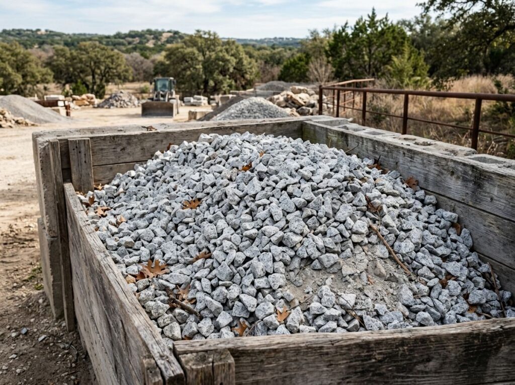 Granite Chips ground cover spread in a neat layer, showing small gray stones with a rough, chunky texture.