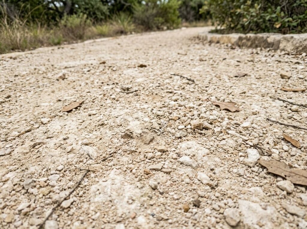 Gravel Base Caliche ground cover with compacted tan crushed stone spread evenly for a stable landscape base.